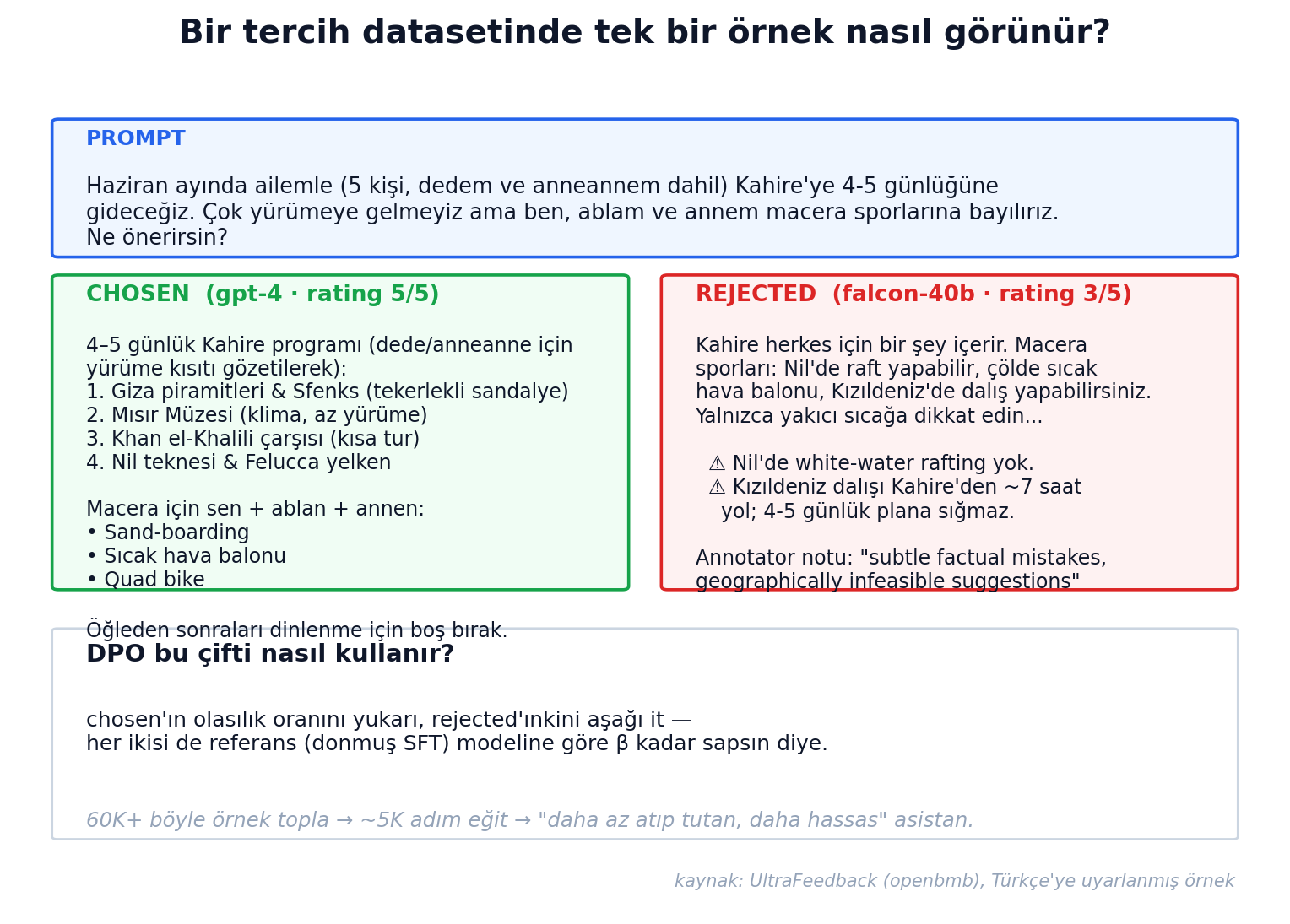 Bir tercih datasetinde tek bir örnek — UltraFeedback'in Kahire prompt'u