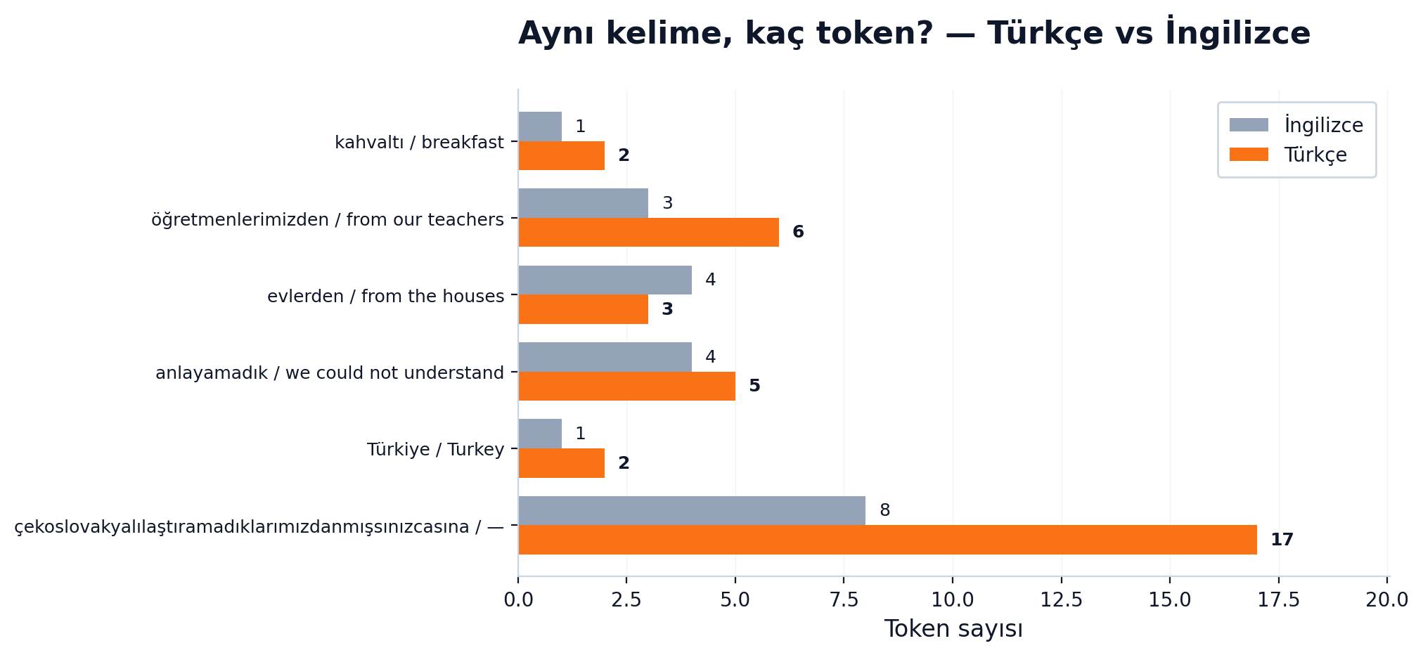 Aynı kelime, kaç token: Türkçe vs İngilizce karşılaştırması