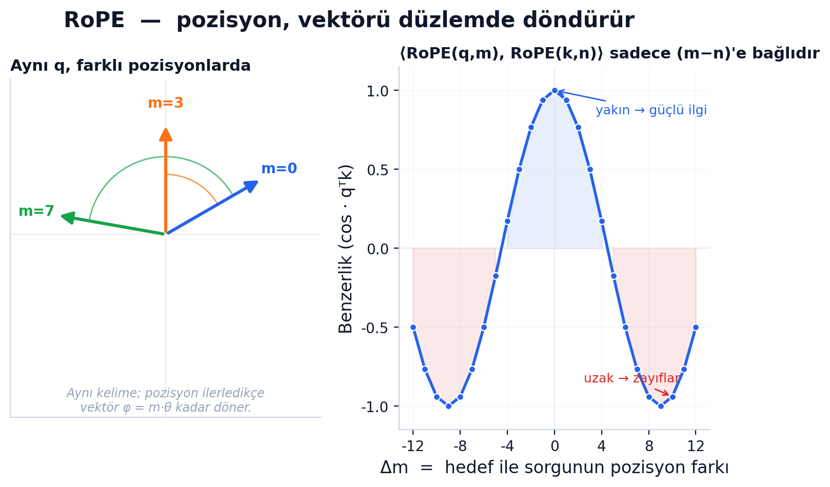 RoPE'un 2D rotasyon görselleştirmesi ve mesafeye göre azalan cosine similarity